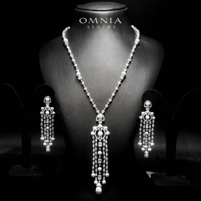 Omnia Afaf White Pearl Bridal Long chain Set Accessories High Quality Zircon Stone In Rhodium Plated