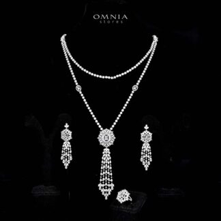 Omnia Ola White Bridal Long chain Set Accessories in High Quality Zircon Stone Rhodium Plated