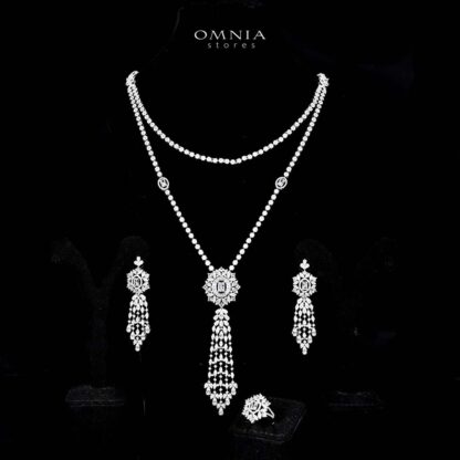 Omnia Ola White Bridal Long chain Set Accessories in High Quality Zircon Stone Rhodium Plated