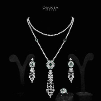 Omnia Ola Green Bridal Long chain Set Accessories in High Quality Zircon Stone Rhodium Plated
