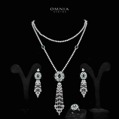 Omnia Ola Green Bridal Long chain Set Accessories in High Quality Zircon Stone Rhodium Plated