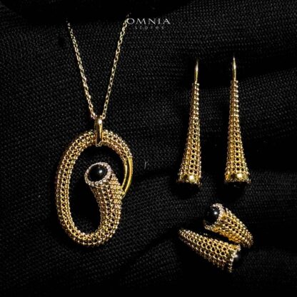 Omnia Lamisah Golden Necklace, Earring and Rings With Rhodium Plated In High Quality Zircon Stone