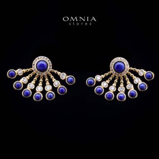 Omnia Layal Radiant Fan Lapis Earrings with Dangling Beaded Accents in Brass with Gold Plated Finish