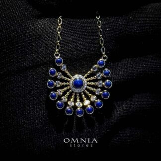 Omnia Layal Sunburst Lapis Pendant Necklace with Beaded Accents in Brass with Gold Plated Finish
