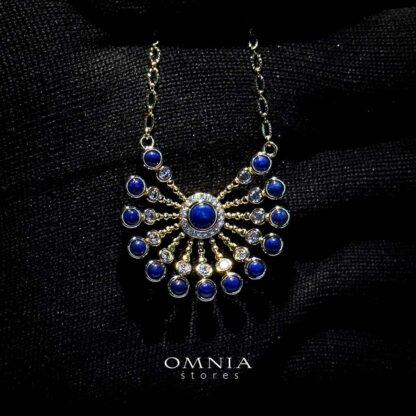 Omnia Layal Sunburst Lapis Pendant Necklace with Beaded Accents in Brass with Gold Plated Finish