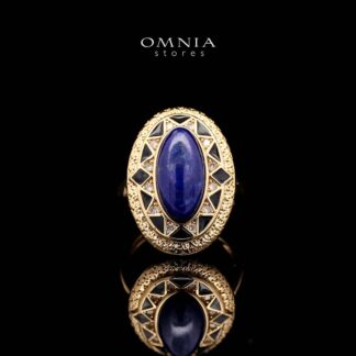 Omnia Layal Vintage Oval Lapis Statement Ring with Geometric Detailing in Brass with Gold Plated Finish