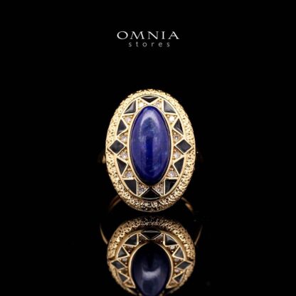 Omnia Layal Vintage Oval Lapis Statement Ring with Geometric Detailing in Brass with Gold Plated Finish