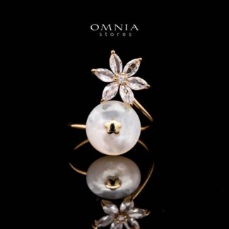 Omnia Nazanin Floral Pearl Ring in Brass Gold Plated with Mother of Pearl & Marquise Stones