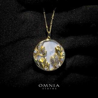 Omnia Aurelia White Shell Mother of Pearl Round Pendant Necklace with Floral Zircon Accents in Brass with Gold Plated Finish