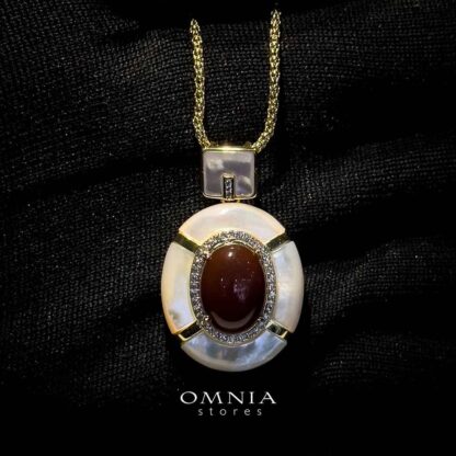 Omnia Ayesha Pendant Necklace in Brass Gold Plated with White Shell & Red Agate