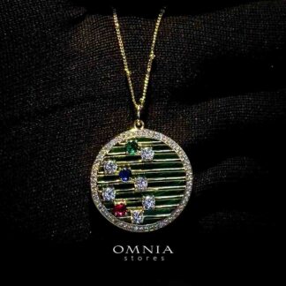 Omnia Celestia Malachite Round Pendant Necklace with Multi-Color Zircon Accents in Brass with Gold Plated Finish