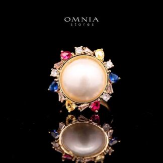 Omnia Serena White Mabel Pearl Halo Ring with Multi-Color Zircon Accents in Brass with Gold Plated Finish