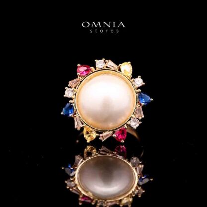 Omnia Serena White Mabel Pearl Halo Ring with Multi-Color Zircon Accents in Brass with Gold Plated Finish