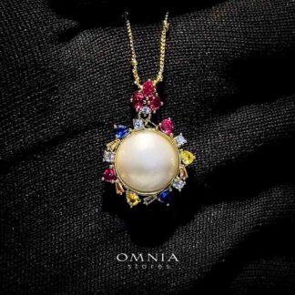 Omnia Serena White Mabel Pearl Halo Pendant Necklace with Multi-Color Zircon Accents in Brass with Gold Plated Finish