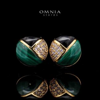 Omnia Selene Malachite and Black Agate Geometric Stud Earrings with Zircon Accents in Brass with Gold Plated Finish