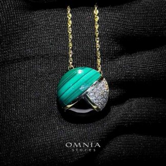 Omnia Selene Malachite and Black Agate Geometric Pendant Necklace with Zircon Accents in 92.5 Silver and Brass with Gold Plated Finish