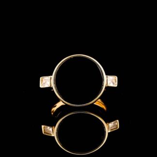 Omnia Fatima Ring In Black Agate Stone in High Quality Zircon Stone in Rhodium Plated