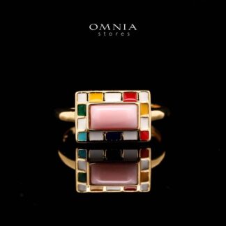 Omnia Livia Queen Shell Geometric Ring with Colorful Enamel Accents in Brass with Gold Plated Finish