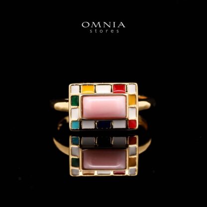 Omnia Livia Queen Shell Geometric Ring with Colorful Enamel Accents in Brass with Gold Plated Finish