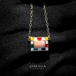 Omnia Livia Queen Shell Geometric Pendant Necklace with Colorful Enamel Accents in Brass with Gold Plated Finish