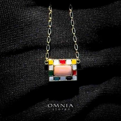 Omnia Livia Queen Shell Geometric Pendant Necklace with Colorful Enamel Accents in Brass with Gold Plated Finish