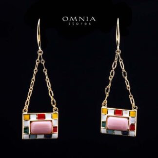 Omnia Livia Queen Shell Geometric Drop Earrings with Colorful Enamel Accents in Brass with Gold Plated Finish