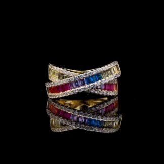 Omnia Dana Multi-Colored Criss-Cross Ring in Pure Gold with High-Quality Simulated Diamonds