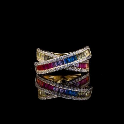 Omnia Dana Multi-Colored Criss-Cross Ring in Pure Gold with High-Quality Simulated Diamonds