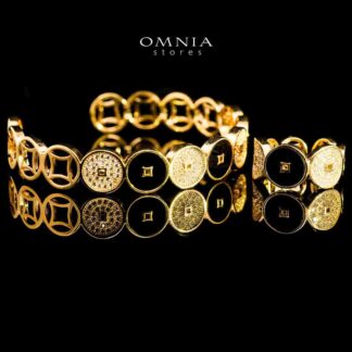Omnia Golden Cuff With Bracelet and Ring with Black Oval Design In Rhodium Plated