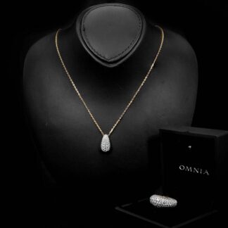 Omnia Taheera Golden Pendant Necklace & Ring Set in 925 Silver With High-Quality White Simulated Diamonds