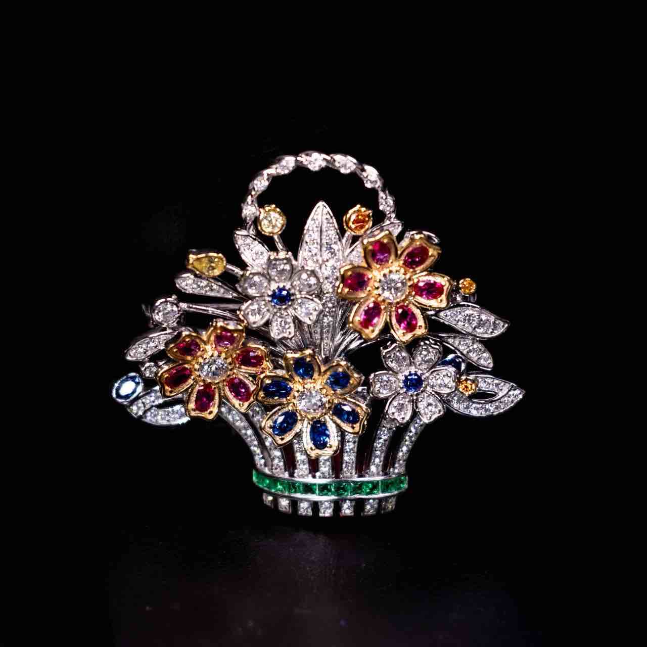 Omnia Naila Multi Color Floral Basket Silver brooch in 925 Silver High Quality Simulated Diamonds Stones - Image 2