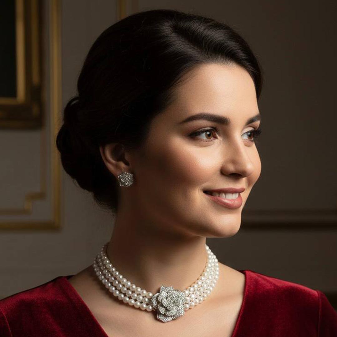 Omnia Nazira Silver Pearl Necklace and Flower Earrings in 925 Silver Accessories High Quality Simulated Diamonds - Image 5