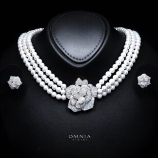 Omnia Nazira Silver Pearl Necklace and Flower Earrings in 925 Silver Accessories High Quality Simulated Diamonds