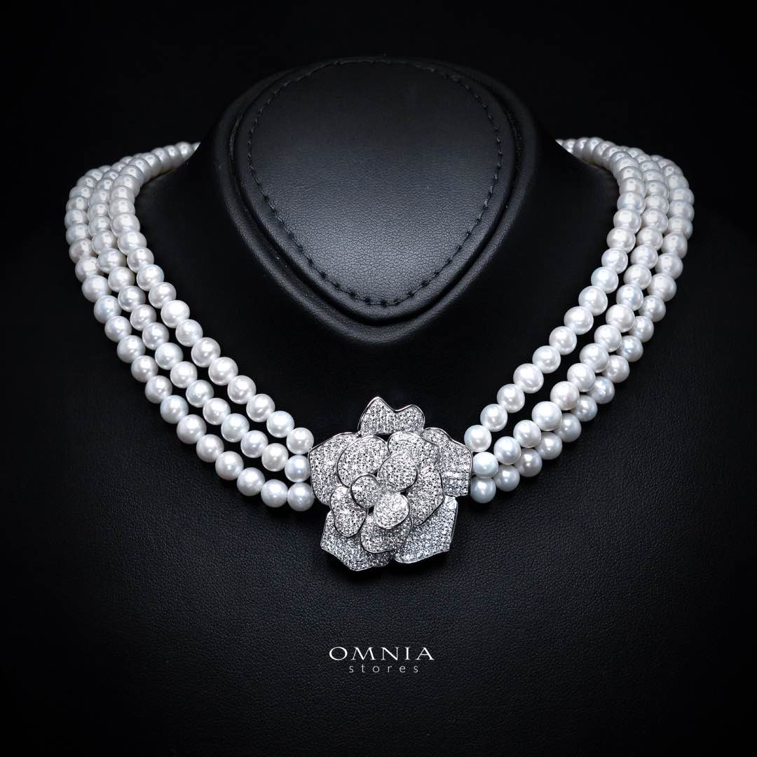 Omnia Nazira Silver Pearl Necklace and Flower Earrings in 925 Silver Accessories High Quality Simulated Diamonds - Image 2