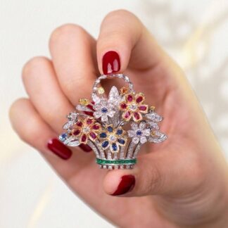 Omnia Naila Multi Color Floral Basket Silver brooch in 925 Silver High Quality Simulated Diamonds Stones