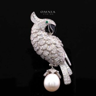 Omnia Najeeba White Pearl Bird Silver Brooch in 925 Silver In High Quality Simulated Diamonds