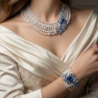 Omnia Blue Butterfly Pearl Necklace and Bracelet Set in 92.5 Silver with High Quality Simulated Diamonds