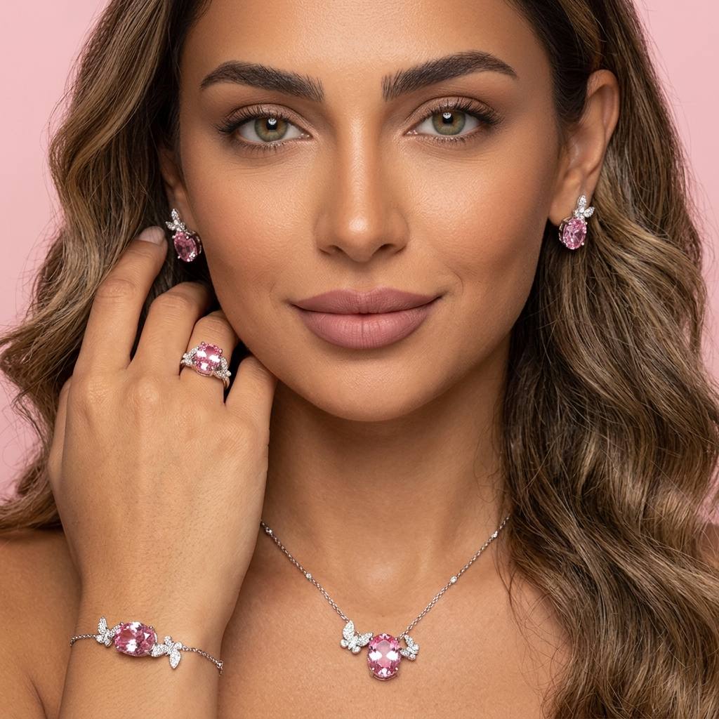 Omnia Maysun Pink Full Set In 925 Silver High Quality Simulated Diamonds