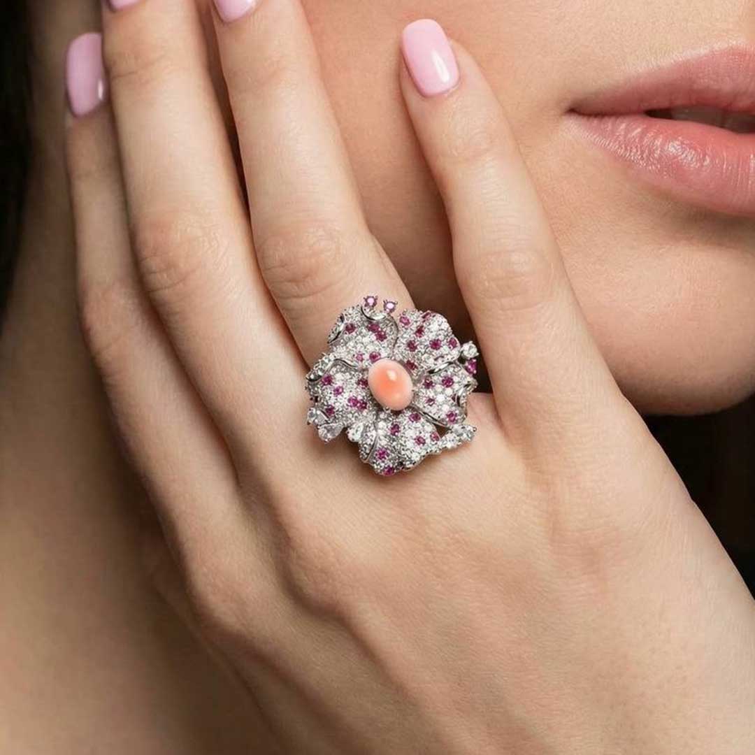 Omina Najiba Pink Coral Flower Ring in 925 Silver with High Quality Simulated Diamonds - Image 4