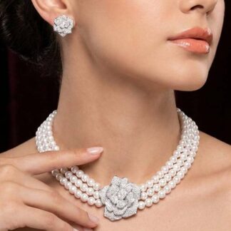 Omnia Nazira Silver Pearl Necklace and Flower Earrings in 925 Silver Accessories High Quality Simulated Diamonds