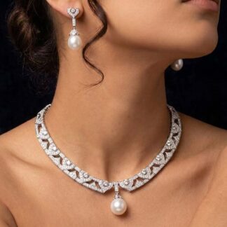 Omina Nouriya White Real Fresh Pear Necklace & Earrings in 925 Silver with High Quality Simulated Diamond Stones