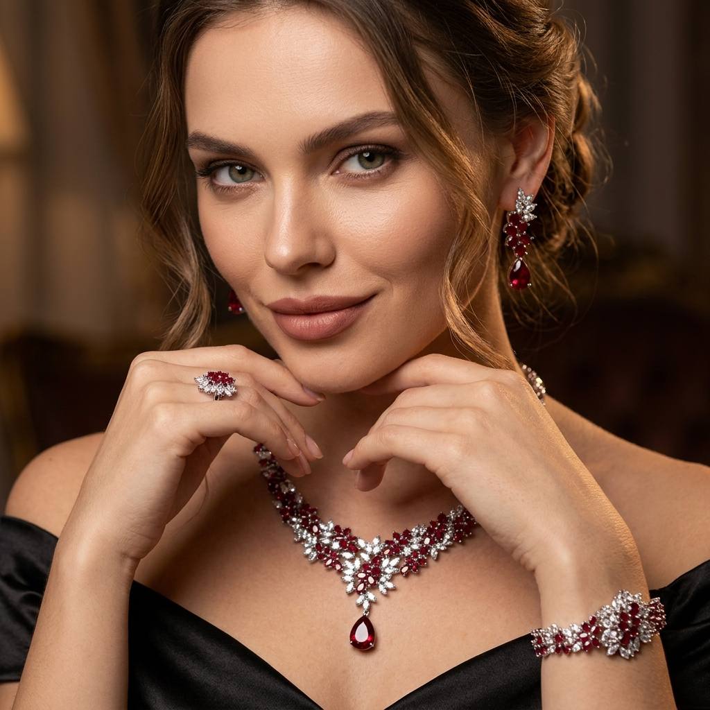 Omnia Nourah Red Luxury Bridal Full Set in High Quality Zircon Stone in Rhodium Plated - Image 2