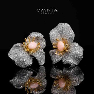 Omina Zulaikha Pink Coral Flower Earrings in 925 Silver with High Quality Simulated Diamonds
