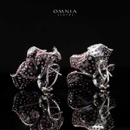 Omina Maiza Pink Coral Flower Earrings in 925 Silver with High Quality Pueple Simulated Diamond Stones - Image 2