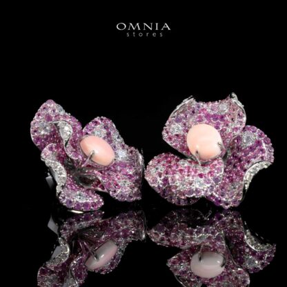 Omina Maiza Pink Coral Flower Earrings in 925 Silver with High Quality Pueple Simulated Diamond Stones - Image 3