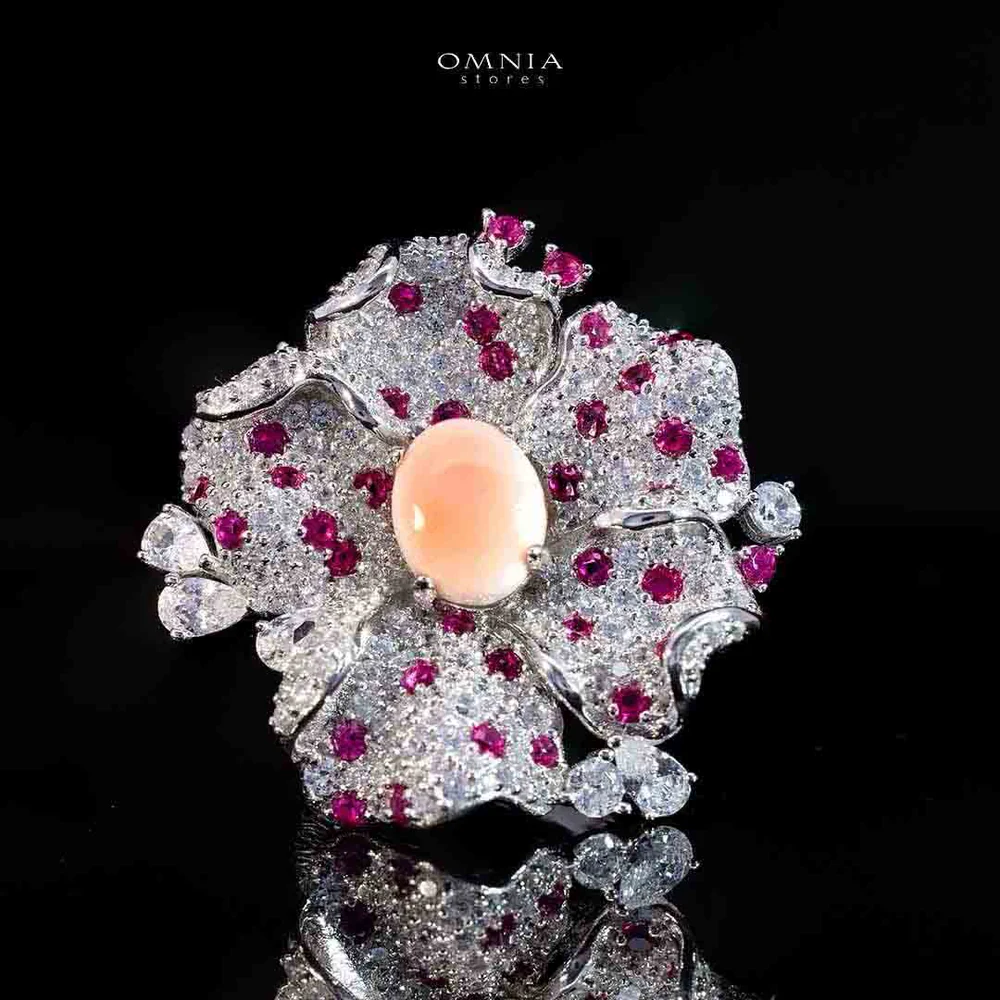 Omina Najiba Pink Coral Flower Ring in 925 Silver with High Quality Simulated Diamonds