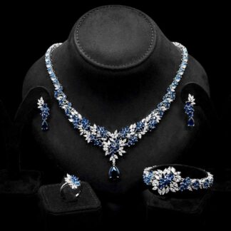 Omnia Nourah Blue Bridal Full Set in High Quality Zircon Stone in Rhodium Plated