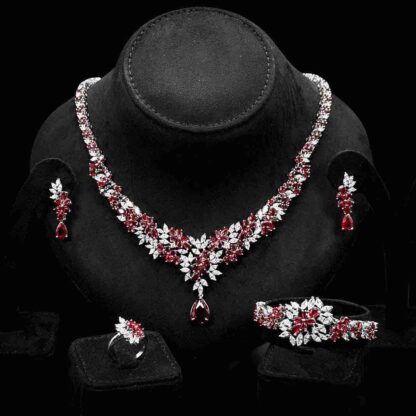 Omnia Nourah Maroon Bridal Full Set in High Quality Zircon Stone in Rhodium Plated