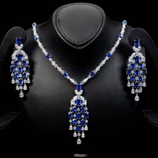 Omnia Israa Blue Necklace & Earrings Set In 925 Silver High Quality Simulated diamonds