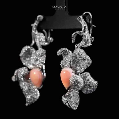 Omina Iman Pink Coral Leaf Earrings in 925 Silver with High Quality Simulated Diamond Stones - Image 3